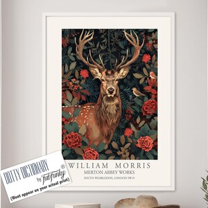 William Morris style Deer print, William Morris Stag poster, Woodland Illustration, Vintage style Botanical, large wall art forest animal