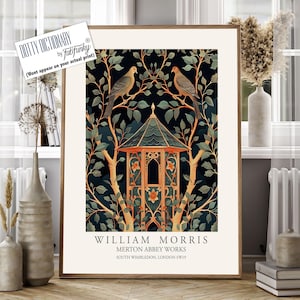 William Morris style bird print, Dovecot Illustration, William Morris poster, Large Vintage style wall art, Wildlife nature lover, birdhouse