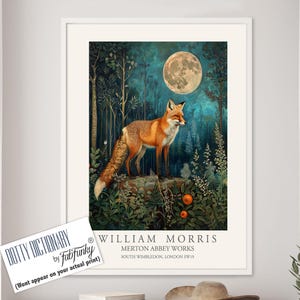 Stampa in stile William Morris, poster di William Morris, illustrazione di Moonlight Fox, poster botanico in stile vintage, arte murale con animali del bosco