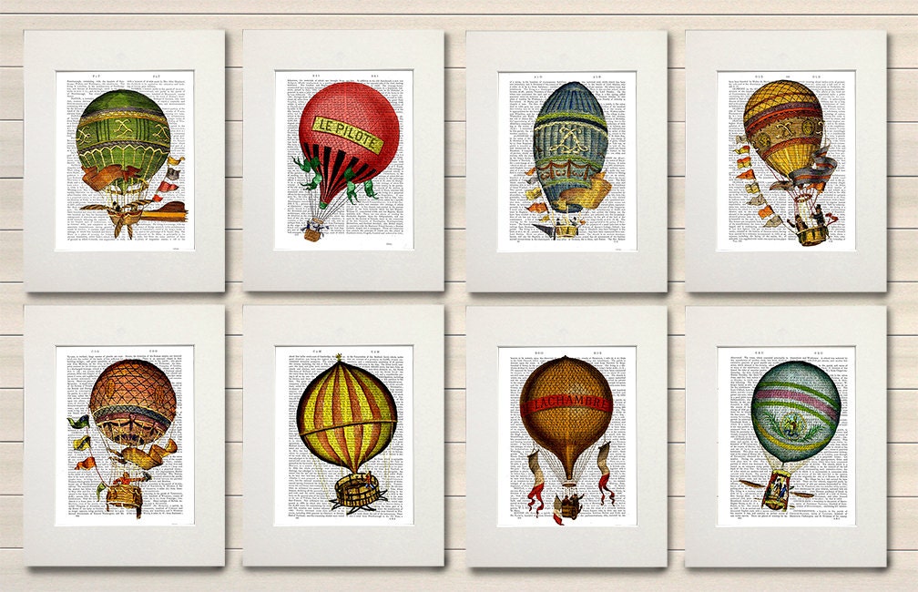 Set of 8 Hot Air Balloon Prints Balloon Illustration wall | Etsy