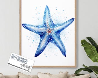 Blue Starfish Art Print, blue and white Starfish Wall Art, Coastal Home Bathroom wall Decor, Beach cottage home nautical prints