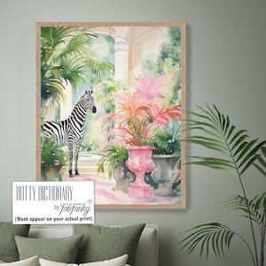 Zebra Chinoiserie Style Art Print, Pink Tropical watercolour preppy hampton style wall art, Whimsical Grandmillenial Art Print