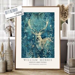 William Morris style Deer print, William Morris Stag poster, Woodland Illustration, Vintage style Botanical, large wall art forest animal