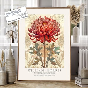 William Morris Style Floral print, Chrysanthemum Flower poster, Large vintage wall art, nature Illustration, Botanical home decor
