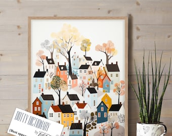 Scandinavian Houses, Scandi style Wall art, Nordic Home decor, Scandinavian Village, Colourful houses, Swedish Kitchen Wall art, Nordic Art
