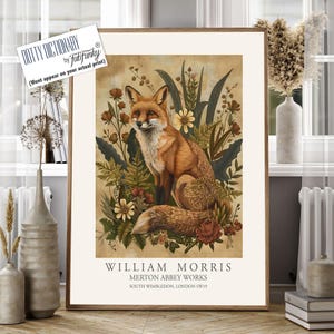 Fox Illustration, William Morris style print, William Morris poster, Vintage style Botanical poster, Woodland animal wall art by Moonlight