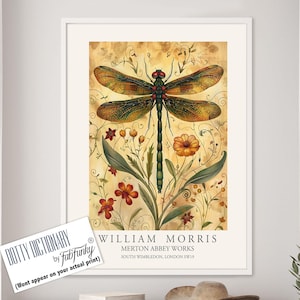 Dragonfly Print, William Morris style Illustration, William Morris Floral poster, Vintage style Botanical, dragonflies insect wall art gifts