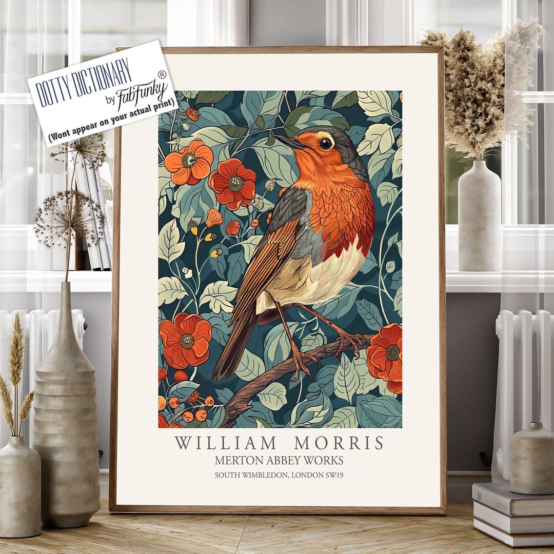 Robin Art Print, William Morris Style Bird Poster, Large Vintage