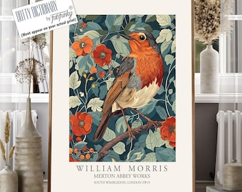 Robin Art Print, William Morris Style, Floral Bird Illustration