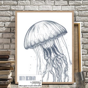 Modern Coastal Home Jellyfish Art Print, Blue White minimalist Wall Art, Bathroom nautical wall art, beach house decor, Under Water Wall Art