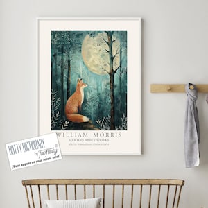 Stampa in stile William Morris, poster di William Morris, illustrazione di Moonlight Fox, poster botanico in stile vintage, arte murale di animali del bosco,