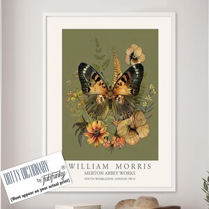 Butterfly Print, William Morris style Illustration, Olive Green William Morris Floral poster, Vintage style Botanical, butterflies wall art