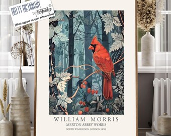 Red Cardinal Art Print, William Morris Style, Bird Illustration