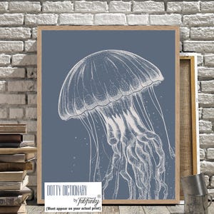 Modern Coastal Home Jellyfish Art Print, Indigo Blue White minimalist Wall Art, Bathroom nautical wall art, beach house decor, Under Water
