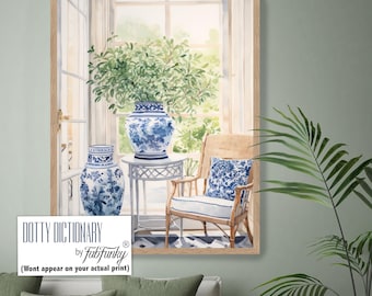 Blau-Weiß-Chinoiserie-Dekor, Gartenzimmerdruck,, Preppy Wintergarten im Hamtons-Stil, beruhigende Schlafzimmer-Wohnzimmerkunst
