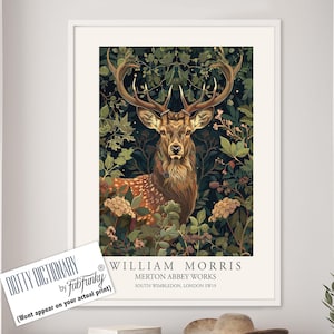 William Morris style Deer print, William Morris Stag poster, Woodland Illustration, Vintage style Botanical, large wall art forest animal
