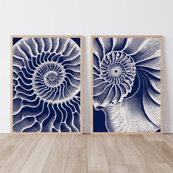 Conjunto de 2 conchas de Nautilus blancas sobre azul marino, decoración moderna de la casa de playa, arte de la pared del hogar costero, decoración estilo Hamptons, estampado náutico