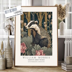 William Morris style print, William Morris poster, Badger Illustration, Vintage style Botanical poster, Woodland William Morris wall art