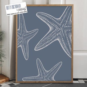 Modern Coastal Home Starfish Art Print, Indigo Blue White minimalist Wall Art, Bathroom nautical wall art, beach house decor, Under Water