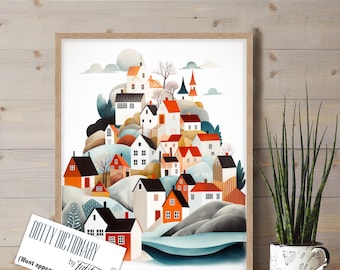 Scandi style Wall art, Scandinavian Houses, Nordic Home decor, Scandinavian Village, Colourful houses, Swedish Kitchen Wall art, Nordic Art