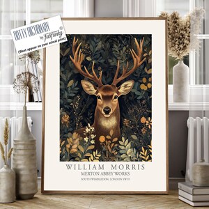 William Morris style Deer print, William Morris Stag poster, Woodland Illustration, Vintage style Botanical, large wall art forest animal
