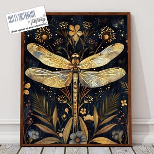Impresión de arte de pared de libélulas, póster de libélulas estilo William Morris, obra de arte vintage para amantes de los insectos del bosque botánico, decoración de ambiente oscuro