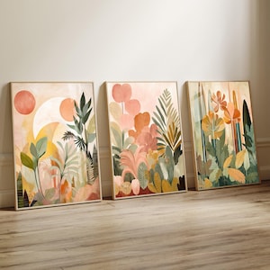 Gallery Wall Set of 3 Prints, Tropical Jungle wall art in earth tones, , Botanical Abstract Boho decor, living room bedroom