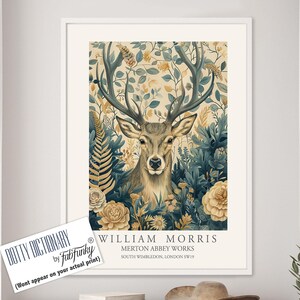 William Morris style Deer print, William Morris Stag poster, Woodland Illustration, Vintage style Botanical, large wall art forest animal
