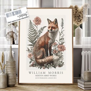 Fox Illustration, William Morris style print, William Morris poster, Vintage style Botanical poster, Woodland William Morris wall art animal