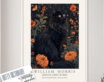 長毛の黒猫のアートプリント、ヴィンテージ風の花柄ポスター - Etsy 日本