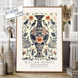 William Morris Art Chinoiserie Vase Druck, Vogel-Illustration, blaues und weißes William Morris Plakat, große Wandkunst im Vintage-Stil