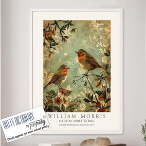 Robin Art print, William Morris Style Bird poster, Large Vintage wall art, Wildlife nature lover Illustration, Floral Bird Lover