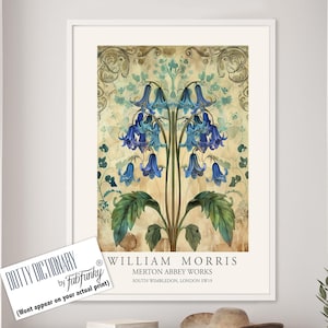 William Morris Style Floral print, Bluebell Flower poster, Large vintage wall art, nature Illustration, Botanical home decor