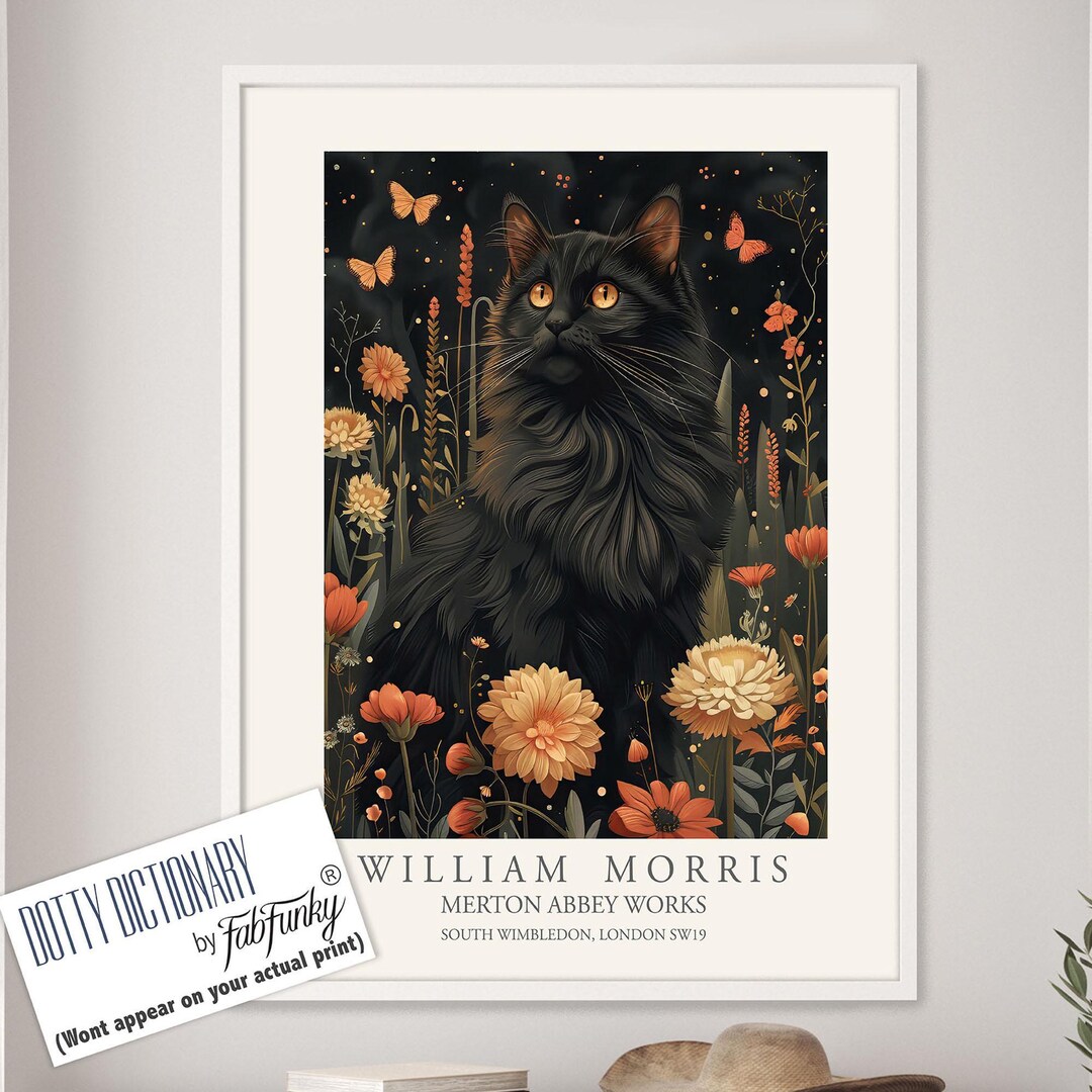 William Morris Style Cute Long Hair Black Cat Print, William