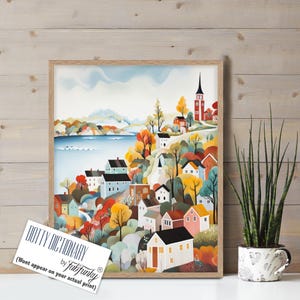 Scandinavian Coastal Village Art Print, Nordic Coastal Art Print, modern beach house Scandi Seaside art, Coastal Cottage decor, Retro Style