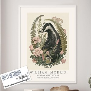 William Morris style print, William Morris poster, Badger Illustration, Vintage style Botanical poster, Woodland William Morris wall art