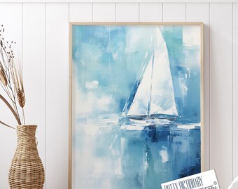 Blue Sailboat Painting Art Print, Coastal Wall Decor