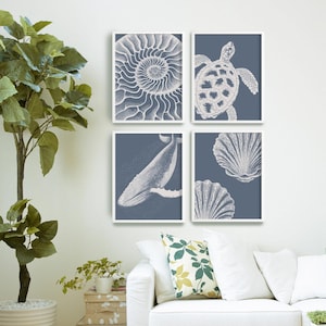 Set of 4 Indigo Blue Ocean Animals, Sea Turtle, Whale, Shells and Nautilus Art Posters, Coastal Home Decor, Nautical Canvas Prints