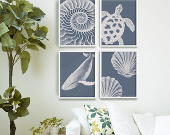 Estampados de animales marinos en color índigo, decoración náutica costera, juego de 4