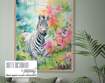 Zebra Chinoiserie Style Art Print, Pink Tropical watercolour preppy hampton style wall art, Whimsical Grandmillenial Art Print