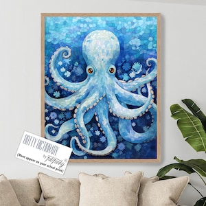 Blue Octopus Print, Octopus Art Poster, Octopus Home Decor, Nautical Canvas Prints, Ocean Animals Painting, nautical bathroom decor