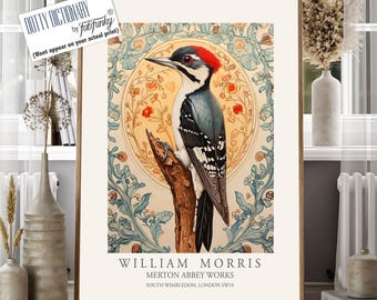 Woodpecker Art Print, William Morris Style, Floral Bird Poster