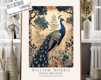 William Morris Style Peacock Art Print, Vintage Floral Illustration