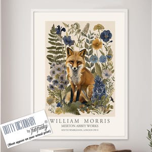 Stampa in stile William Morris, poster di William Morris, illustrazione di volpe, poster botanico in stile vintage, arte murale di William Morris nei boschi con animali