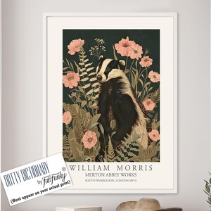 William Morris style print, William Morris poster, Badger Illustration, Vintage style Botanical poster, Woodland William Morris wall art
