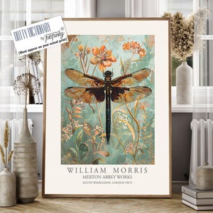 Dragonfly Print, William Morris style Illustration, William Morris Floral poster, Vintage style Botanical, dragonflies insect wall art gifts