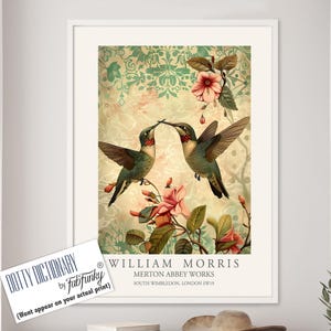 William Morris style bird print,  William Morris Hummingbird poster, Large Vintage wall art, Wildlife nature lover Illustration elegant art
