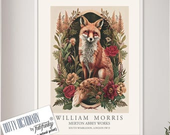 Pôster vintage de raposa com estampa botânica de animais, estilo William Morris.