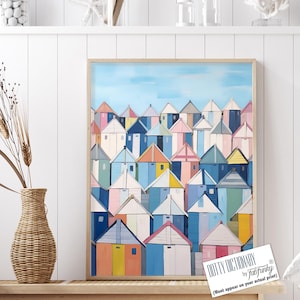 Colourful Beach Hut Art Print, Modern coastal wall art, seaside print, Beach Cottage Decor, Nautical Decor for Coastal Living Room