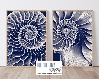 Set of 2 Nautilus Shells White on Navy Blue,Modern Beach House Decor, Coastal Home Wall Art, Hamptons Style Decor, nautical print